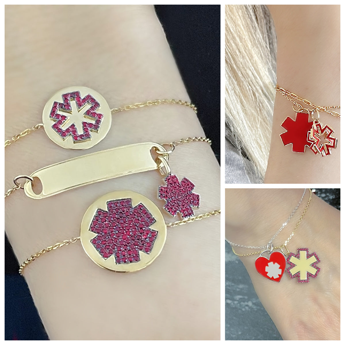 Medical Alert ID Bracelet Collection for Women, Solid Gold, Gemstones, & Enamel