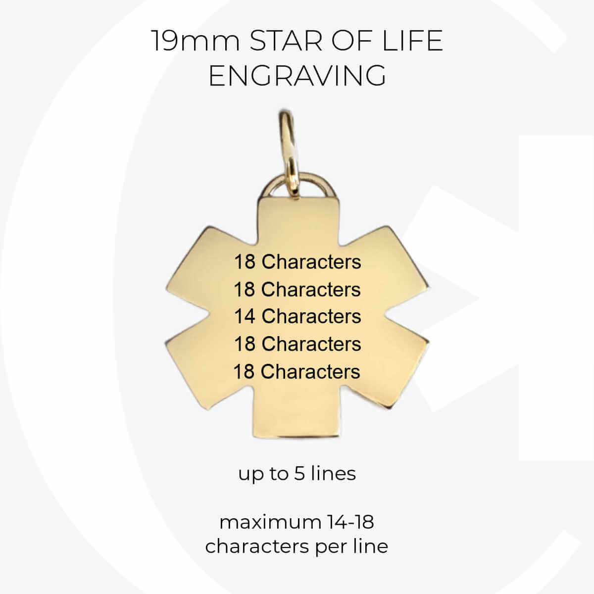 Gold medical ID infographic, custom engraving specs for 19mm star of life medical alert