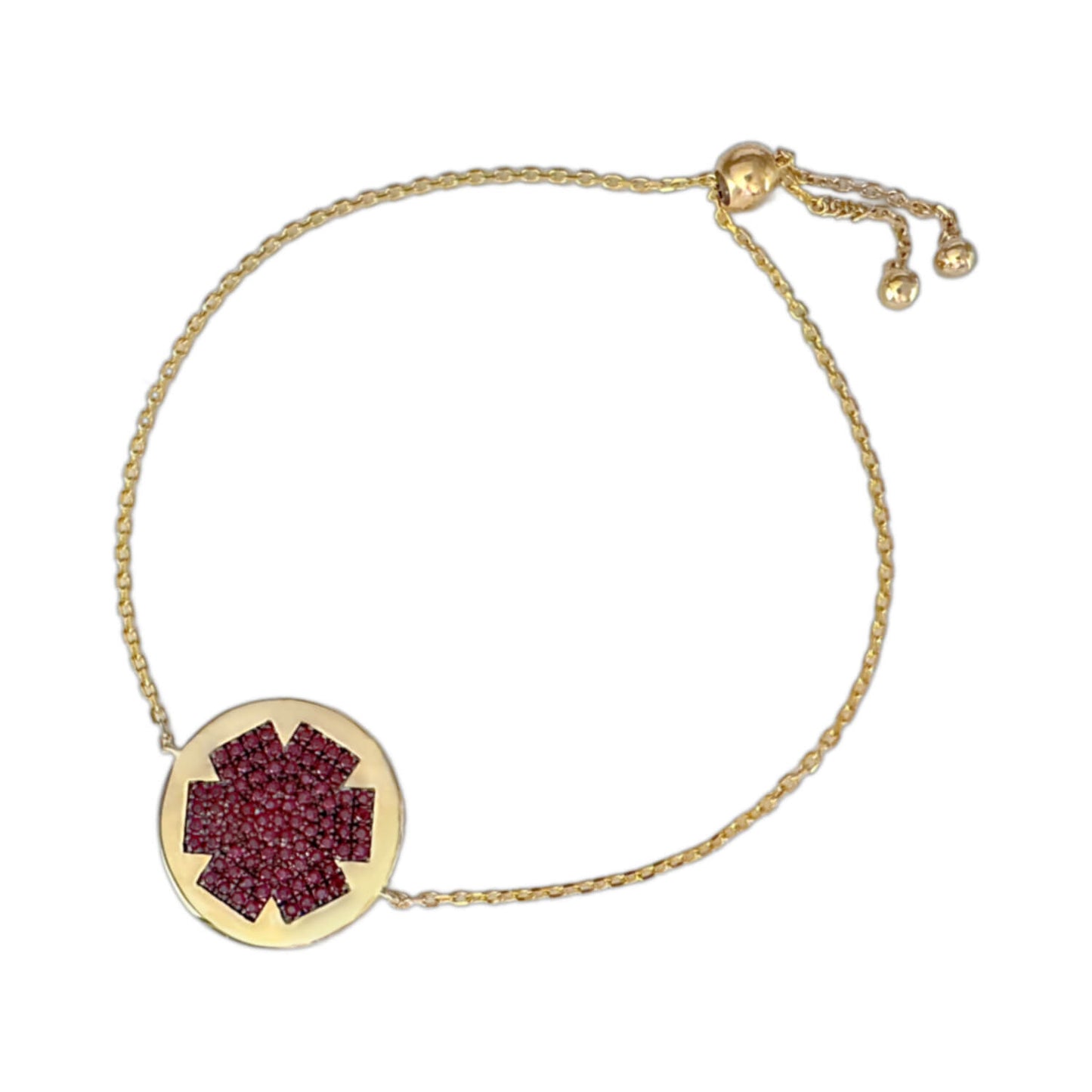 Medical ID Tag in 14k Gold and Ruby with Slider Clasp. Custom Engraved Medical Alert Jewelry for Women