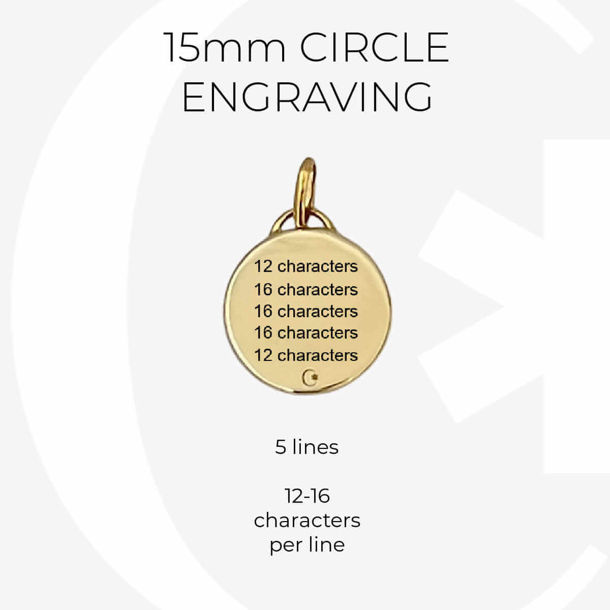 Gold medical ID circle charm infographic, custom engraving specs for 15mm medical alert bracelet or necklace