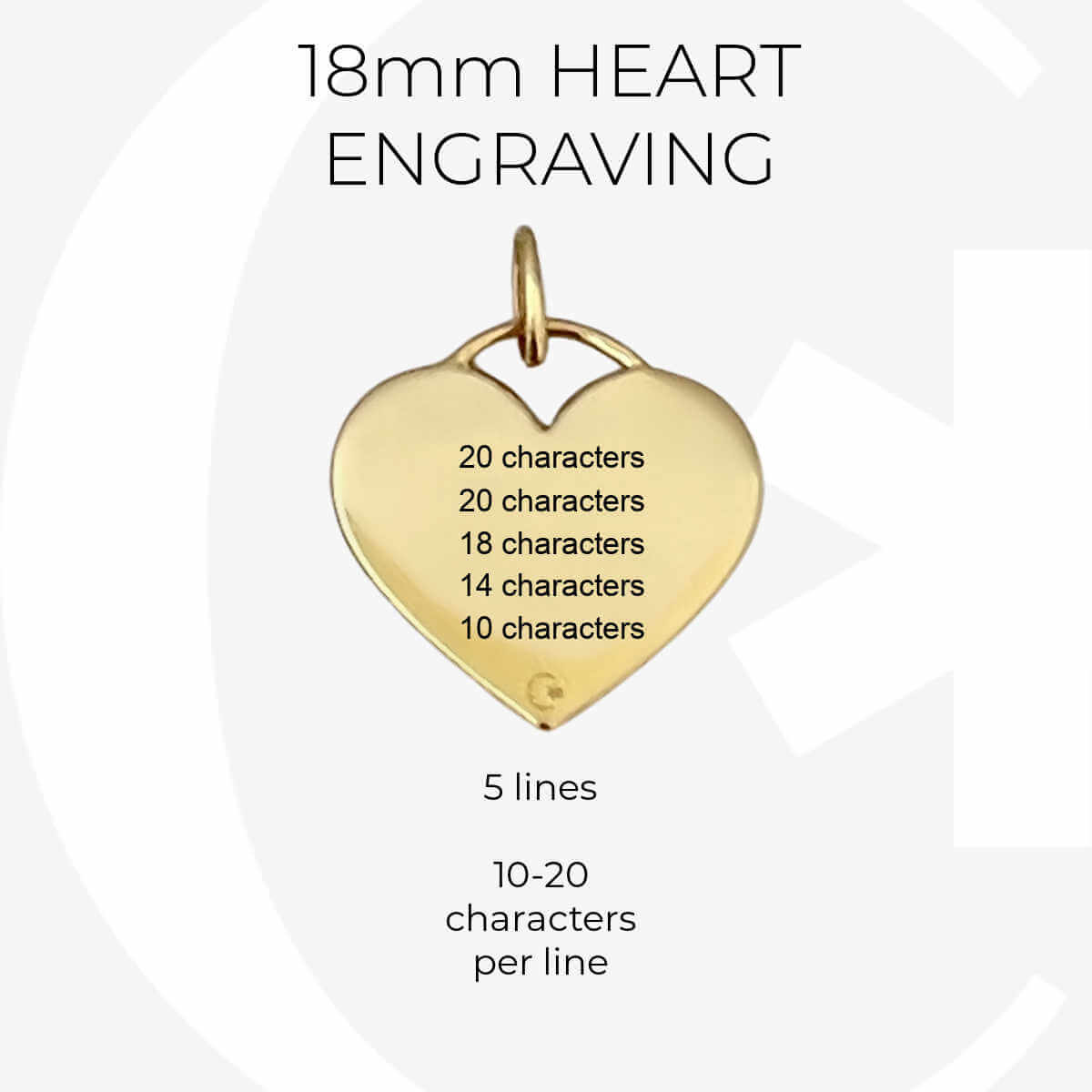 Gold medical ID heart charm infographic, custom engraving specs for 18mm medical alert