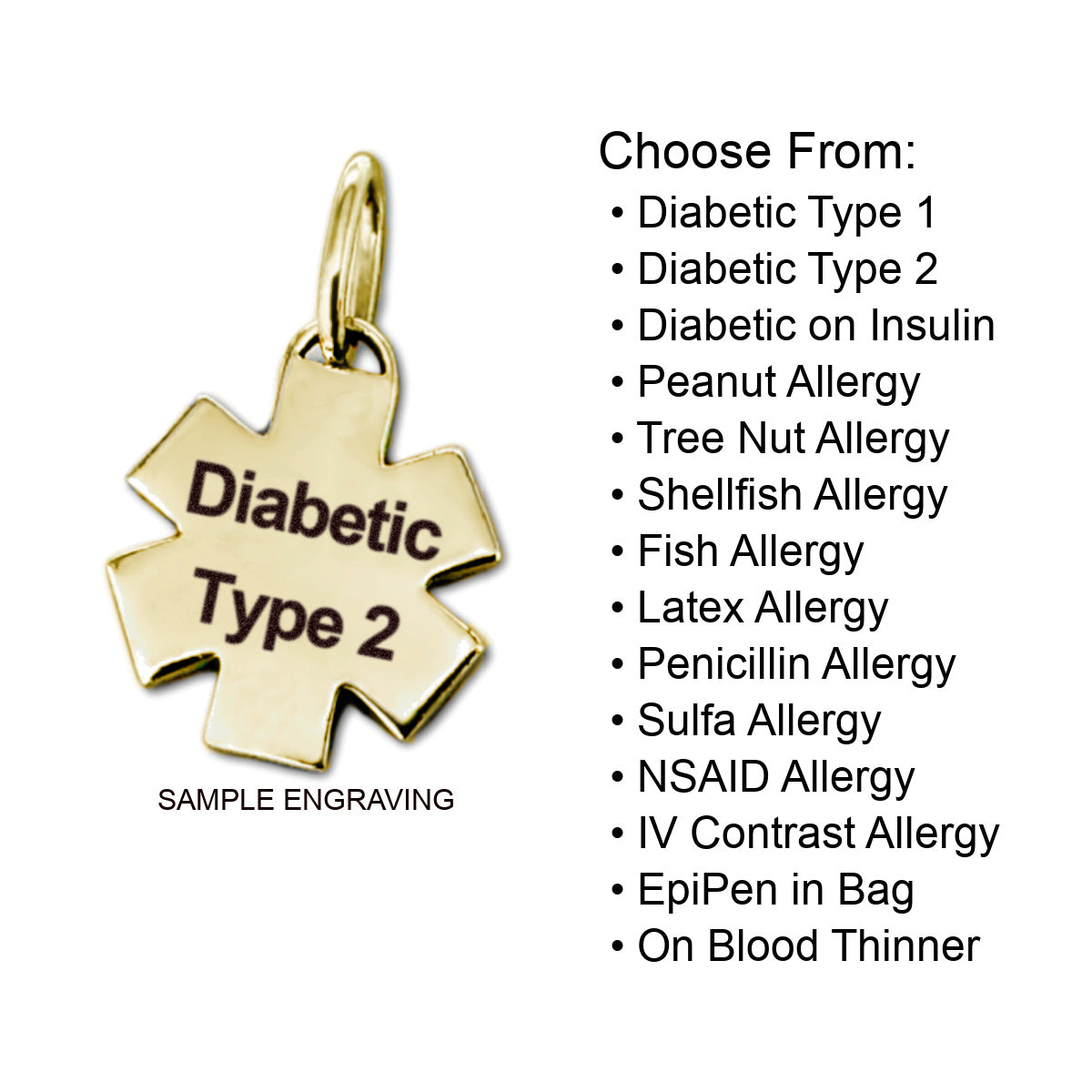 Gold Plated Medical ID Charm, Engraving Options, CHARMED Medical Jewelry