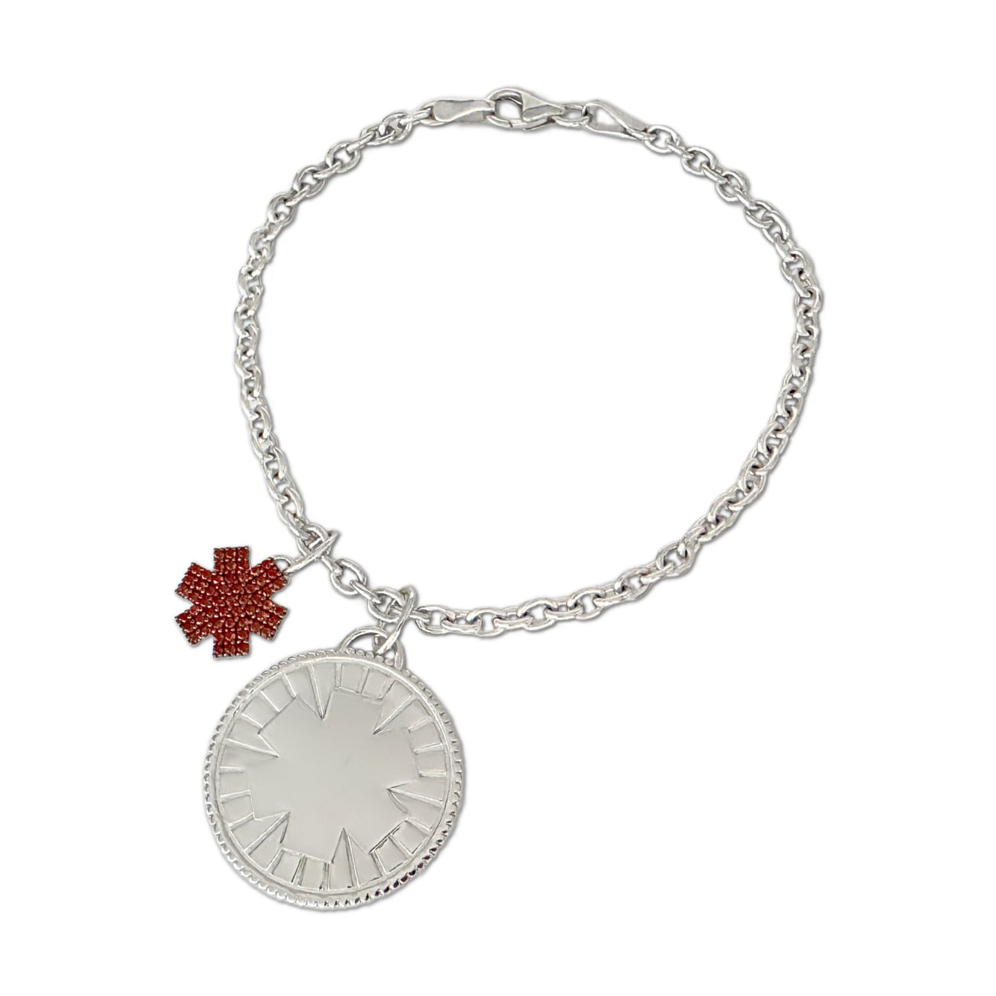Sterling Silver Medical Alert Charm Bracelet with Garnet | Engraved Medallion ID | CHARMED Medical Jewelry