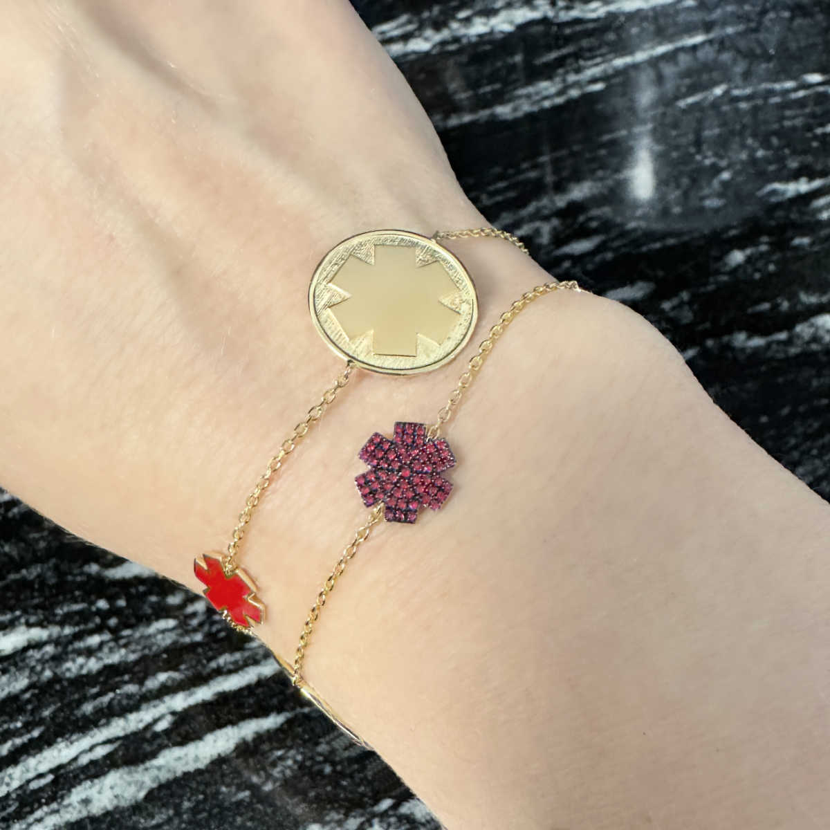 Gold & Ruby Medical ID Station Bracelet for Women, on Model, CHARMED Medical Jewelry