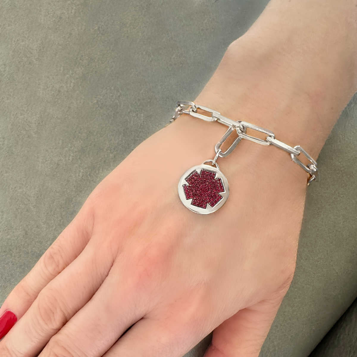 Medical ID Bracelet Charm on Model, 14k White Gold & Ruby