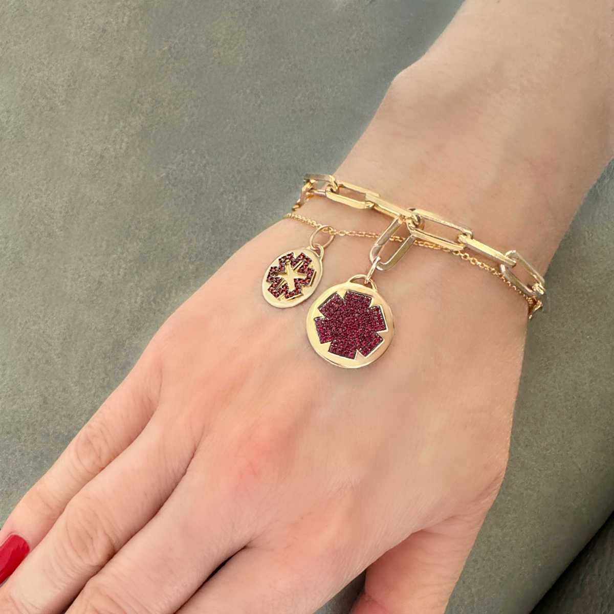 Medical ID Bracelet Charms in 14k Gold & Ruby on Model