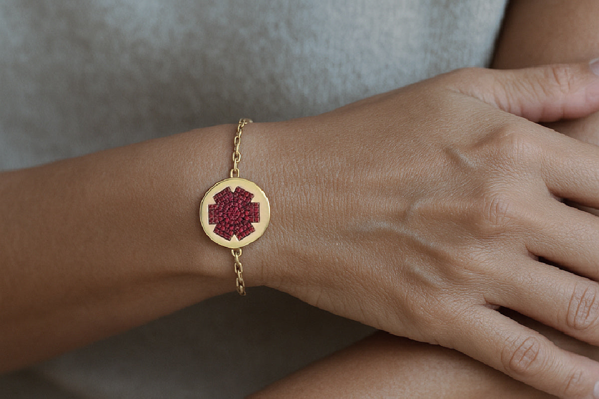 Medical ID Bracelet on Woman, Solid 14k Gold & Ruby, CHARMED Medical Jewelry