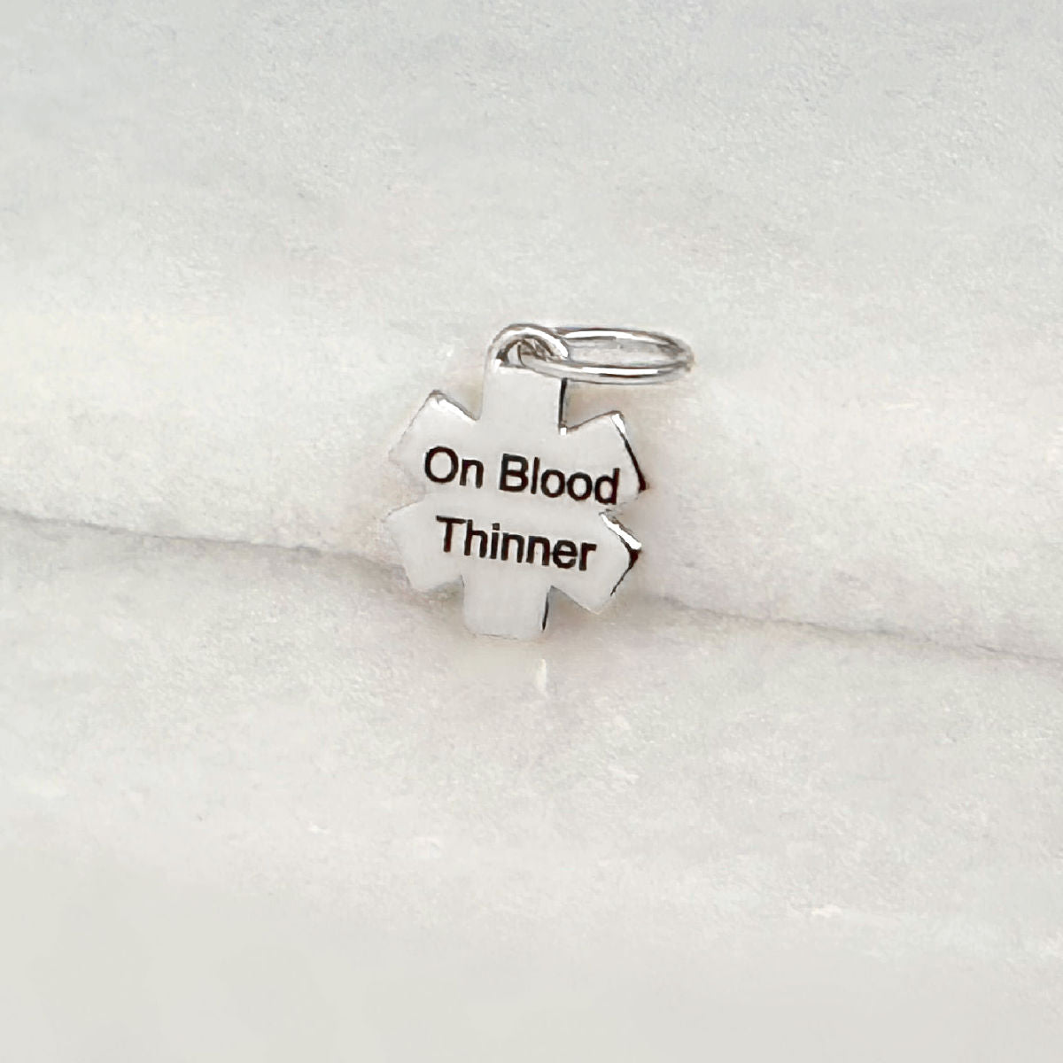 Medical ID Charm in White Gold or Sterling Silver, Engraved Star of Life for Blood Thinner from CHARMED Medical Jewelry