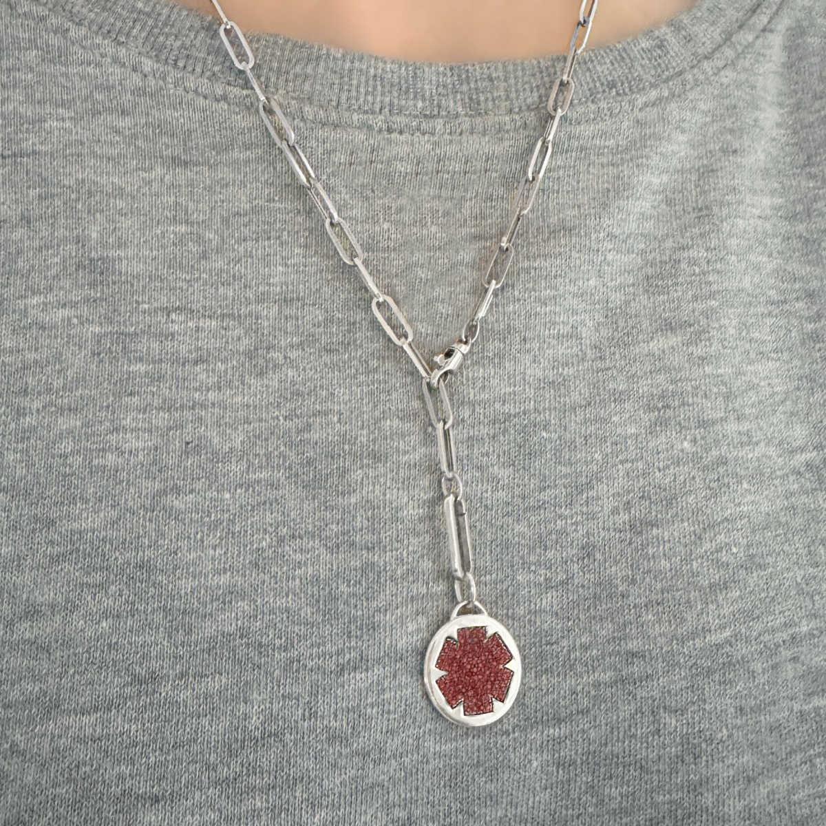Medical ID Charm, 14k White Gold & Ruby, on Model