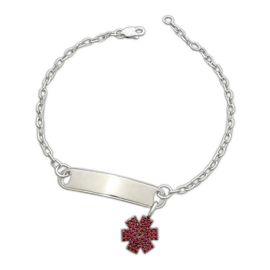 White Gold Medical ID Tag Bracelet with Ruby Star of Life Charm, Personalized Medical Alert Jewelry with Custom Engraving