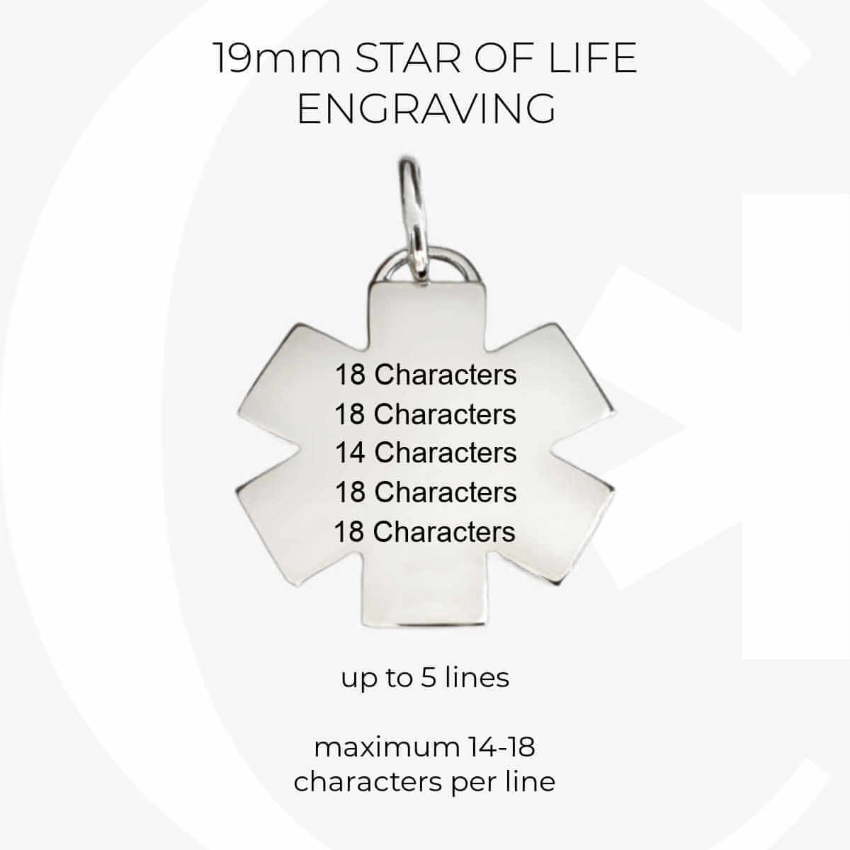 White gold medical ID infographic, custom engraving specs for 19mm star of life medical alert