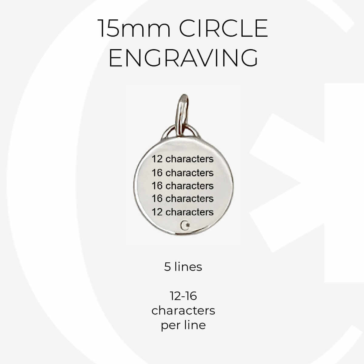White gold medical ID circle charm infographic, custom engraving specs for 15mm medical alert bracelet or necklace
