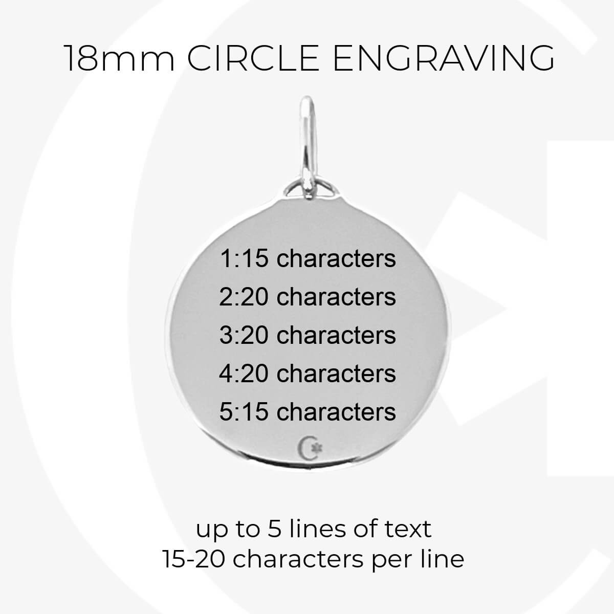 White gold medical ID charm infographic, custom engraving specs for 18mm medical alert