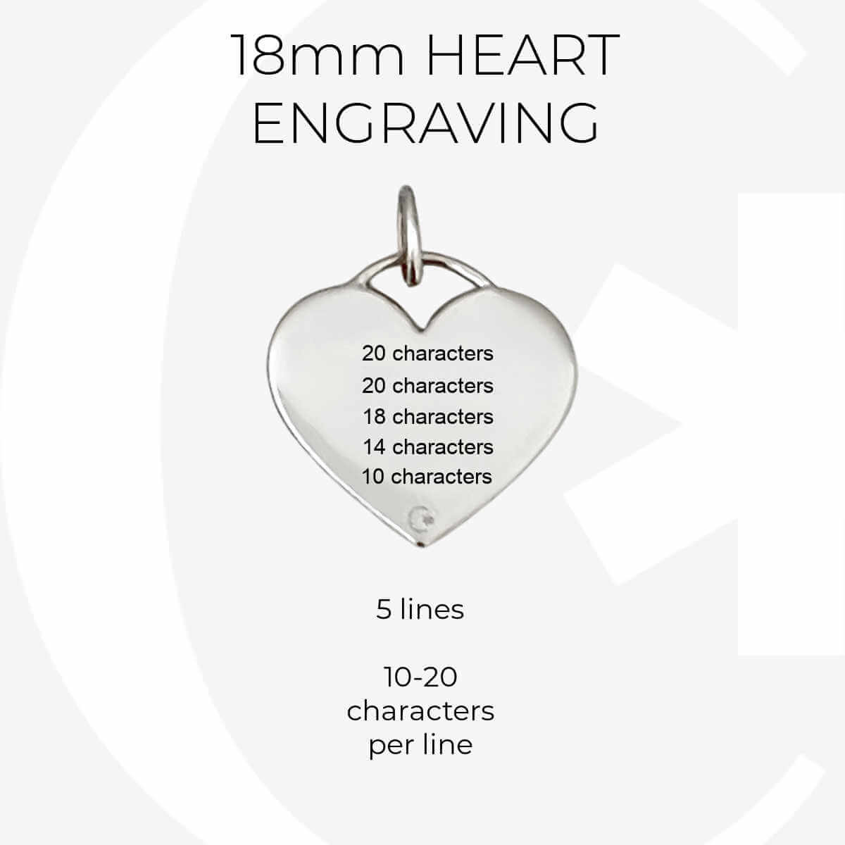 White gold medical ID heart charm infographic, custom engraving specs for 18mm medical alert