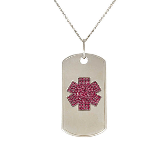 Medical ID Dog Tag Necklace in 14k White Gold and Ruby. Medical Alert Pendant with Personalized Engraving