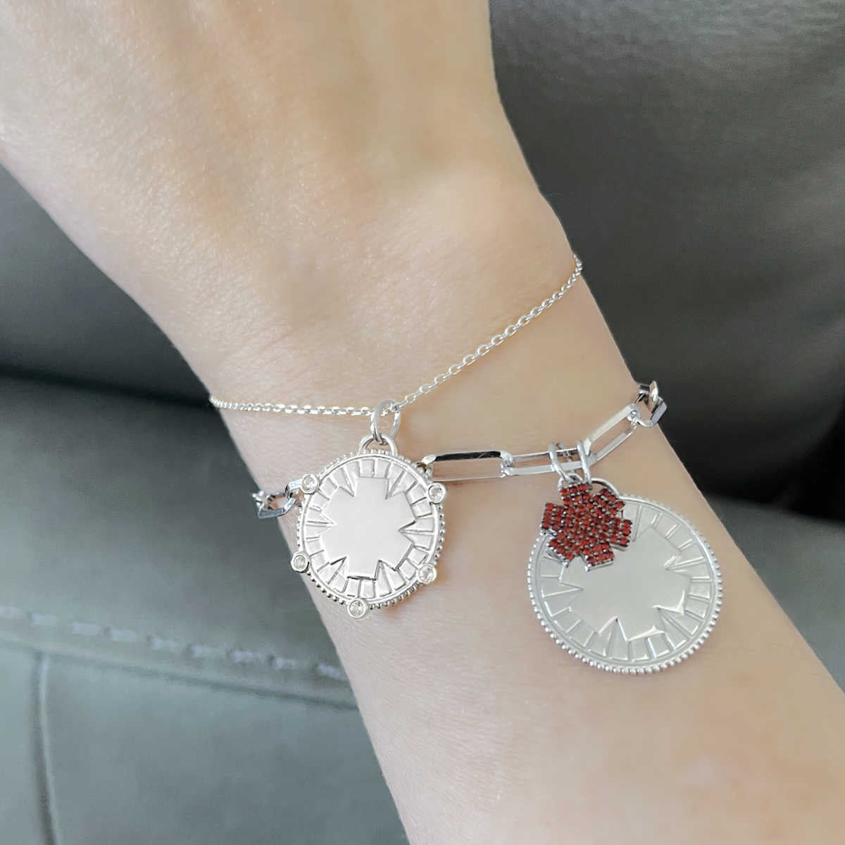 White Gold Medical Alert Medallion Charm on Model, Custom Engraved ID, CHARMED Medical Jewelry