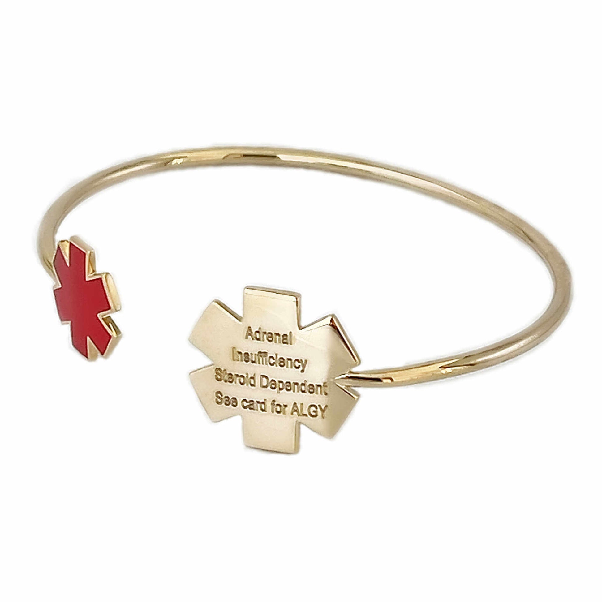 Gold medical ID cuff bracelet. Medical alert jewelry with personalized engraving shown on the outside