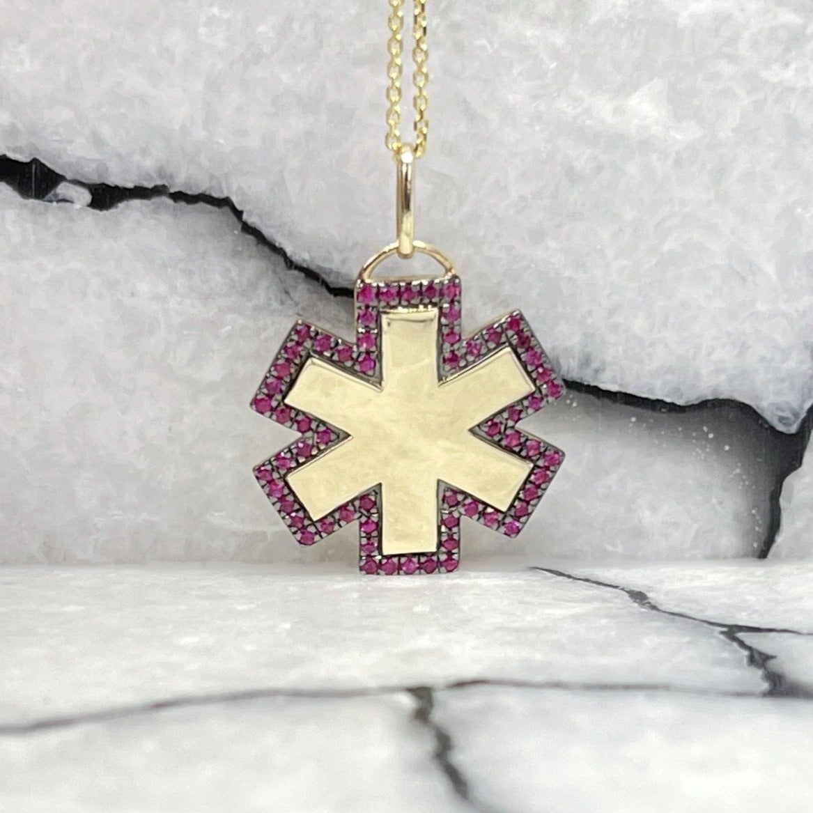 Medical ID Star of Life Charm Necklace Bracelet from Charmed Medical Jewelry - 14K Gold Ruby