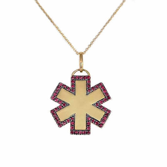 Medical ID Charm in 14k Gold, Diamond, and Ruby. Medical Alert Pendant with Personalized Engraving