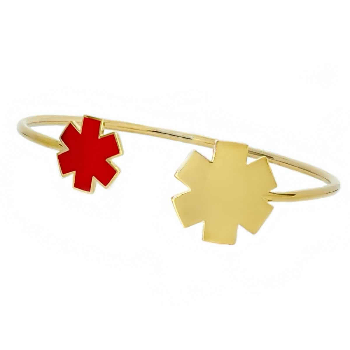 Medical ID Cuff Bracelet in 14k Gold and Red Enamel. Custom Engraved Medical Alert Jewelry for Women