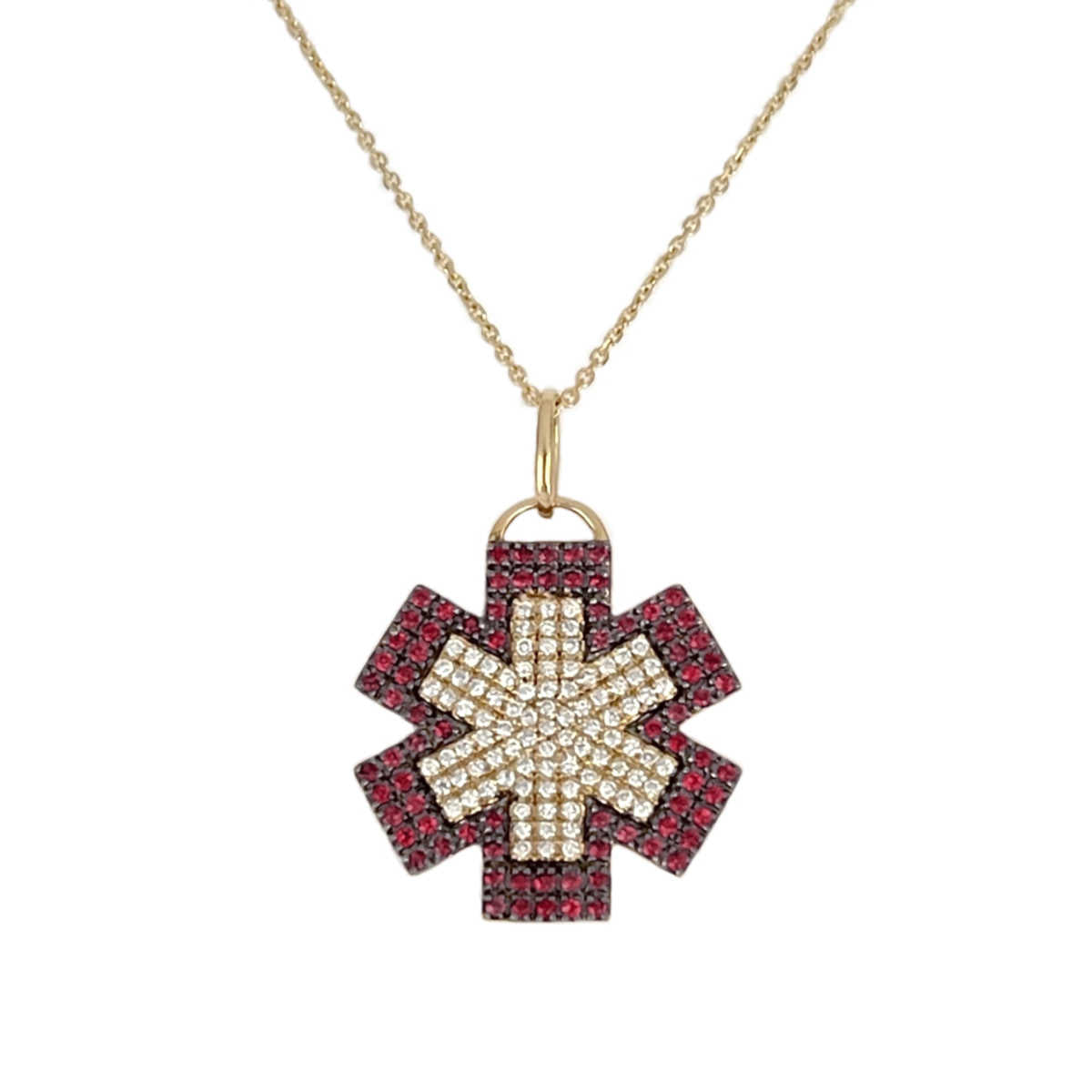 Gold Medical Alert Necklace | Diamond & Ruby Star of Life Medical ID Charm | Custom Engraved | Charmed Medical Jewelry