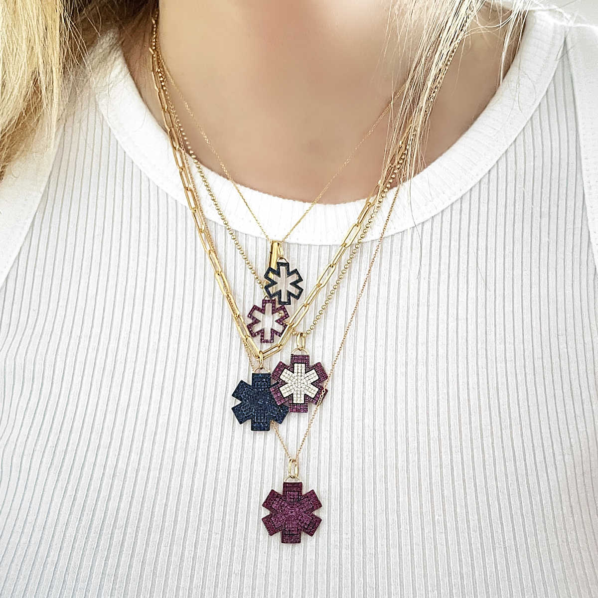 Gold Medical Alert Necklace | Diamond & Ruby Star of Life Medical ID Charm | Custom Engraved | Charmed Medical Jewelry