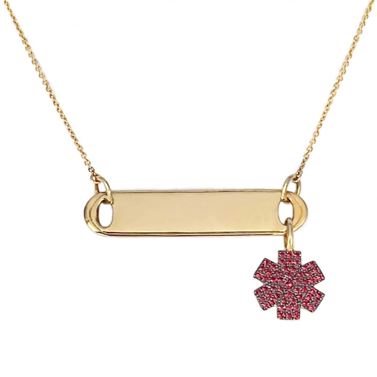 14K Gold Medical Alert Charm with Ruby | Dog Tag Engraved ID | Charmed Medical Jewelry
