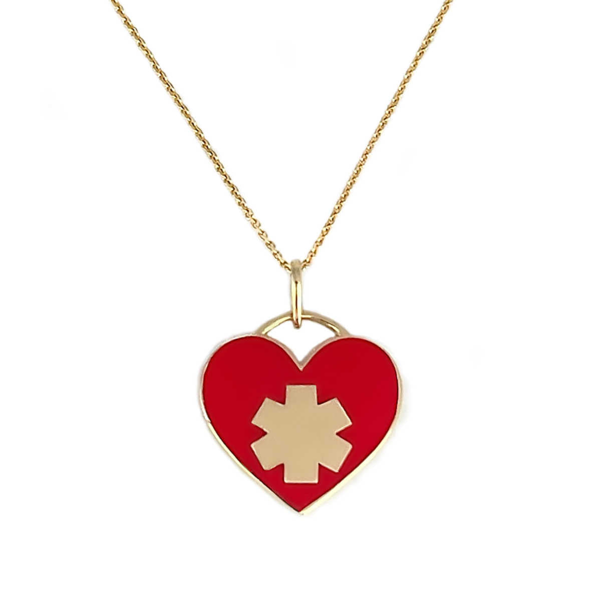 Heart Shaped Gold Medical Alert Necklace | 14k Engraved ID Pendant for women | yellow gold enamel | Charmed Medical Jewelry