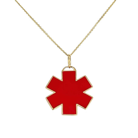 Gold Medical Alert Necklace | Star of Life Medical ID in Yellow Gold & Red Enamel | Custom Engraved | CHARMED Medical Jewelry