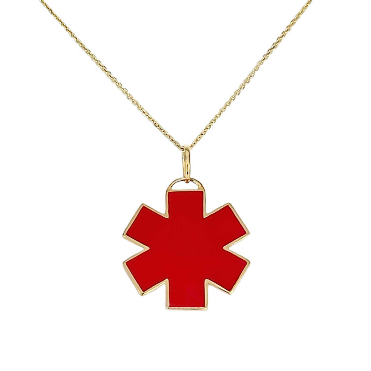 Gold Medical Alert Necklace | Star of Life Medical ID in Yellow Gold & Red Enamel | Custom Engraved | CHARMED Medical Jewelry
