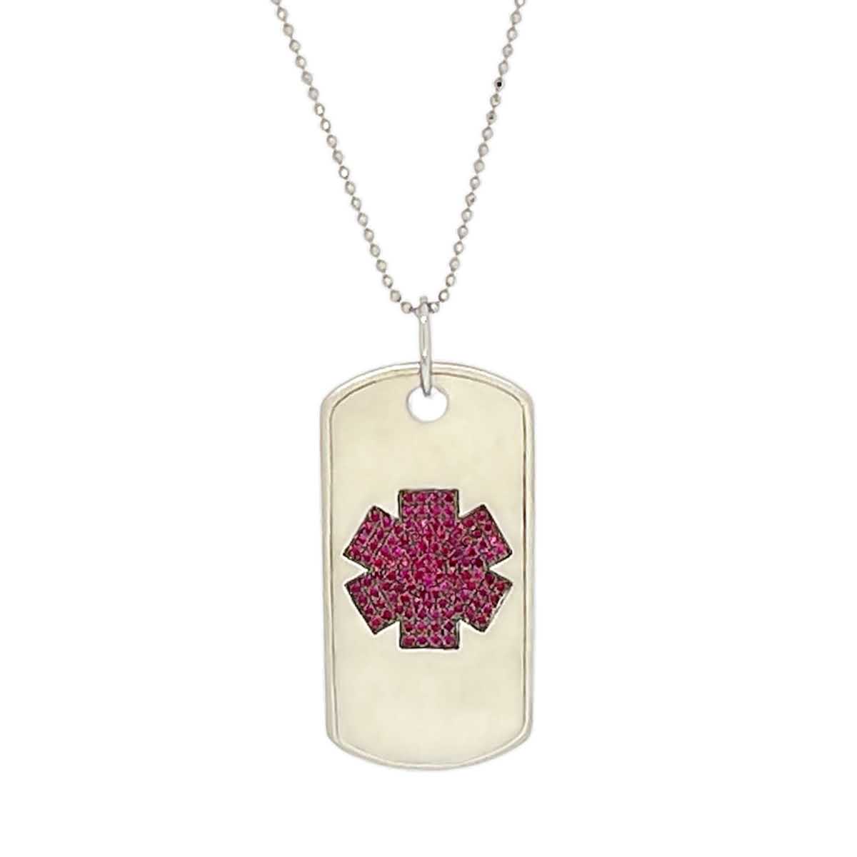 White Gold Medical Alert Necklace | Ruby Medical Dog Tag | Med ID Necklace | Stylish Medical Alert Necklace | Diabetic Necklace | Charmed Medical Jewelry