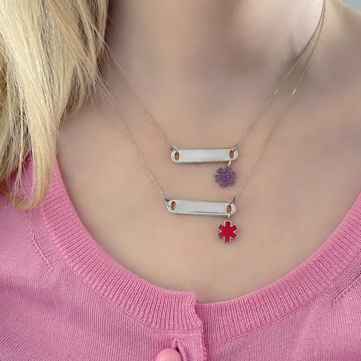 White Gold Medical Alert Necklace | Women’s Enamel Medical ID | Med ID Necklace | Stylish Medical ID Necklace | Diabetic Necklace | Charmed Medical Jewelry