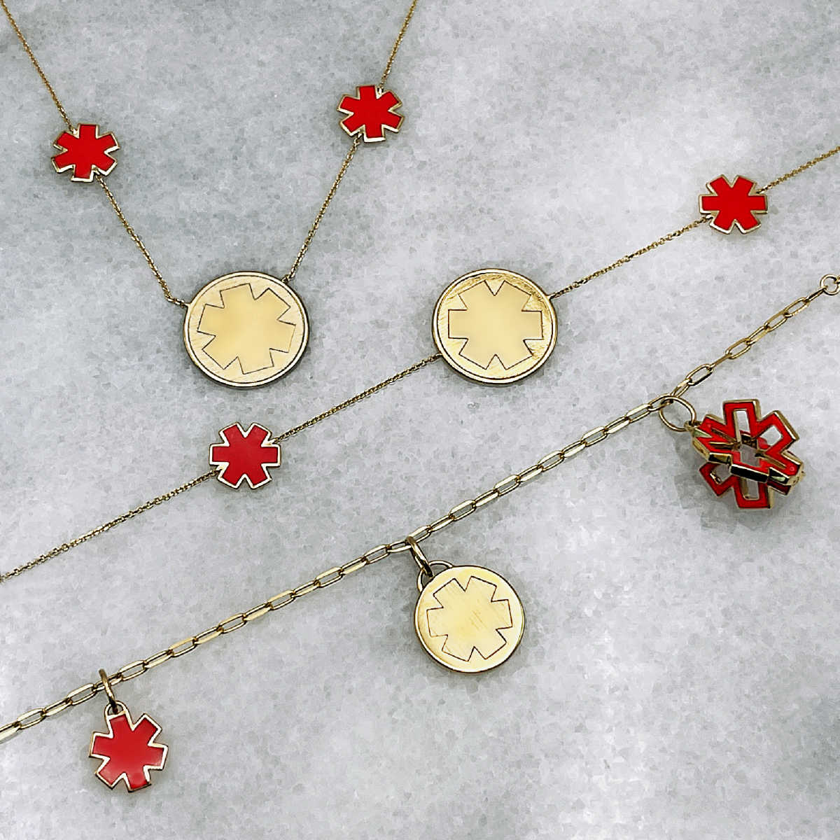 Medical Alert ID Multi Charm Bracelet for Women | 14k Yellow Gold Red Enamel | Charmed Medical Jewelry