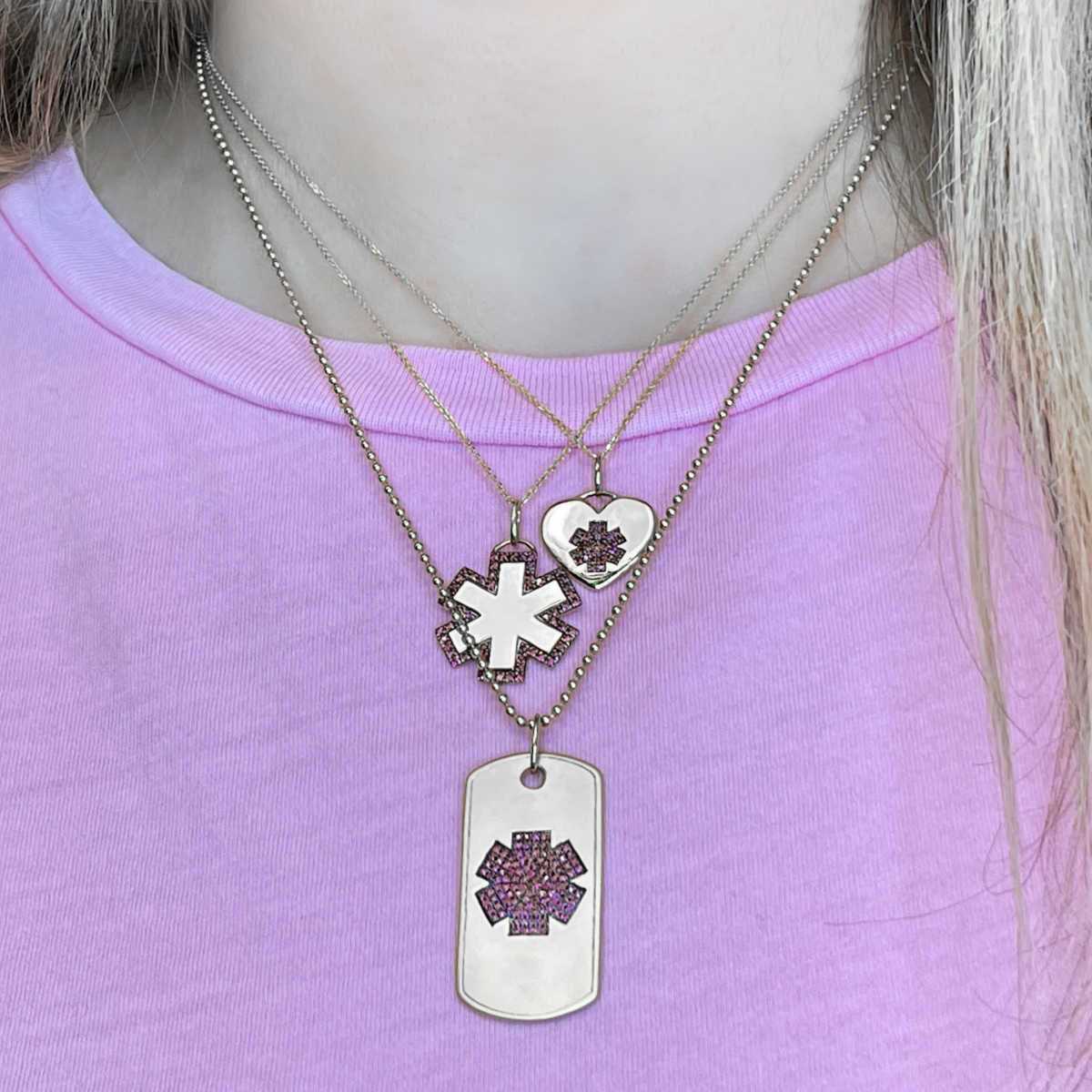 White Gold Medical Alert Necklace | Ruby Medical Dog Tag | Med ID Necklace | Stylish Medical Alert Necklace | Diabetic Necklace | Charmed Medical