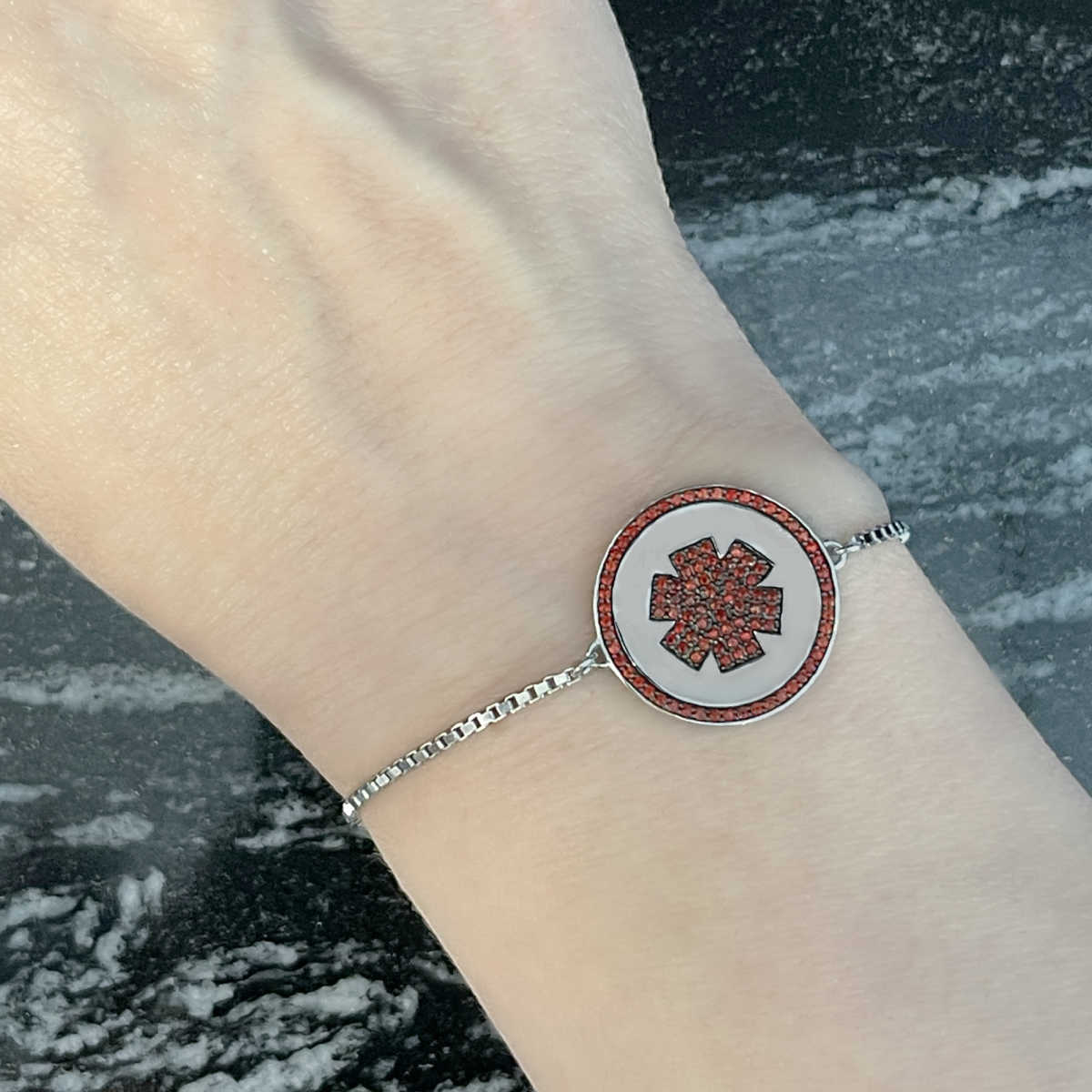 Sterling Silver Medical ID Bracelet on Woman, Custom Engraved, Stylish Medical Alert Jewelry for Diabetic, Allergy, Epilepsy from CHARMED