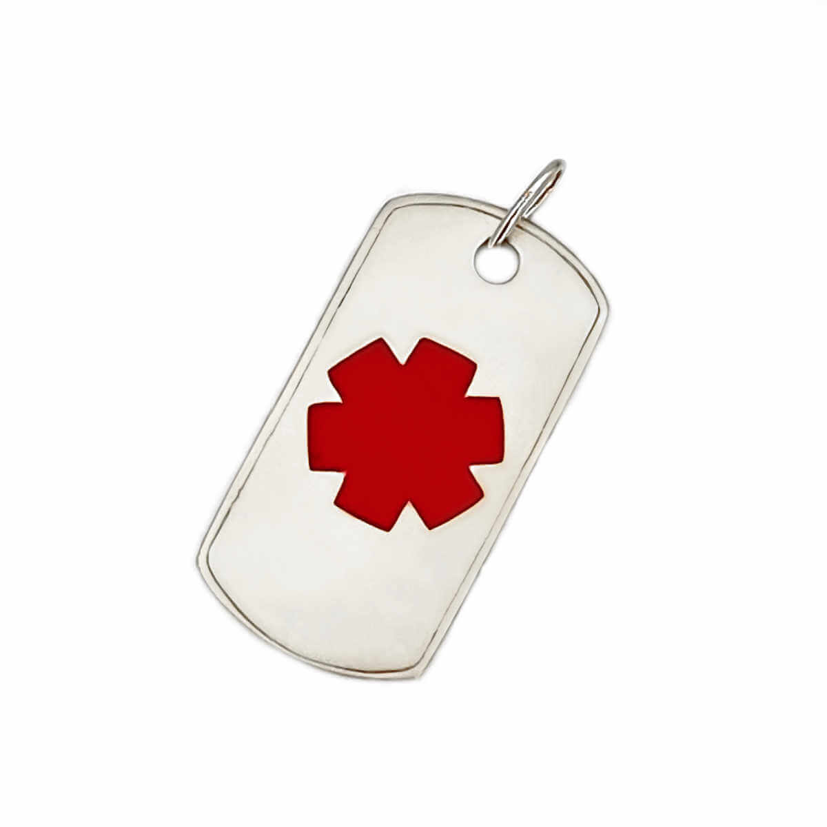 Medical ID Dog Tag in 14k Gold and Red Enamel. Medical Alert Pendant with Personalized Engraving