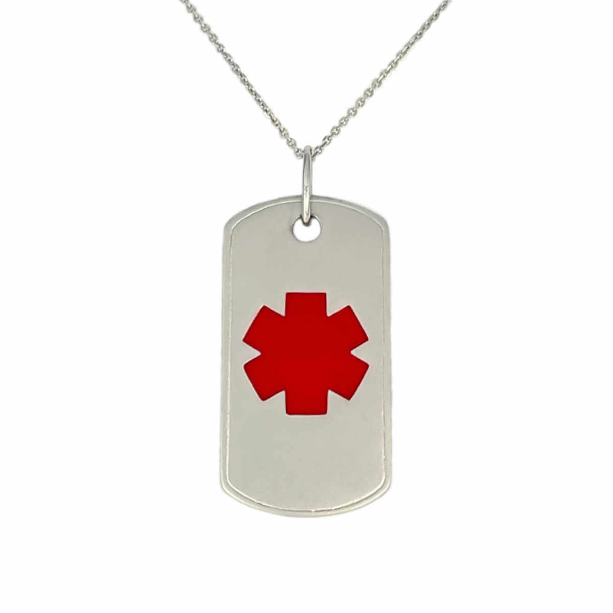 Medical ID Dog Tag Necklace in 14k Gold and Red Enamel. Medical Alert Pendant with Personalized Engraving