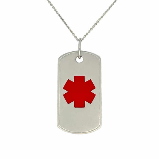 Medical ID Dog Tag Necklace in 14k Gold and Red Enamel. Medical Alert Pendant with Personalized Engraving