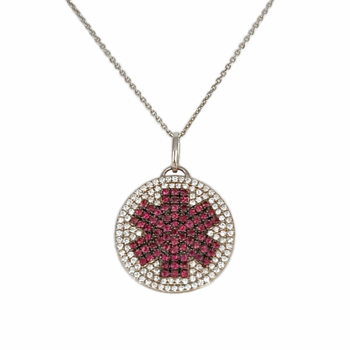 Medical ID Necklace in 14k White Gold, Diamond, and Ruby. Medical Alert Pendant with Personalized Engraving