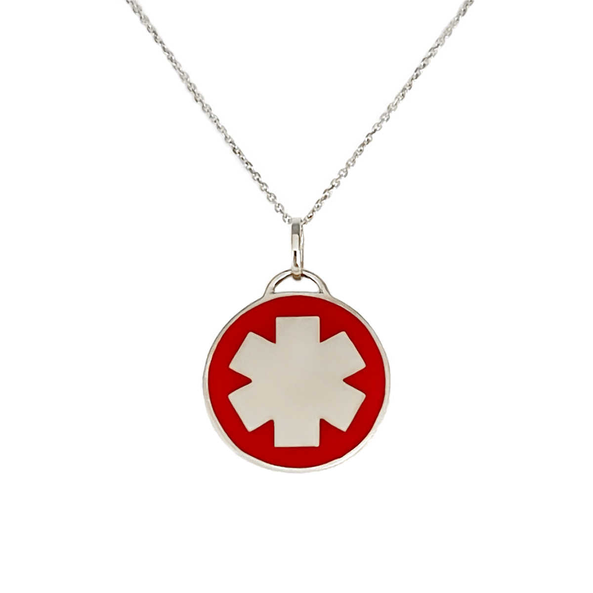 White Gold & Red Enamel Medical Alert Necklace | Engraved Medical ID Pendant Charm | Shop CHARMED Medical Jewelry