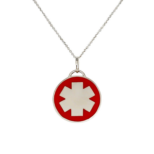 White Gold & Red Enamel Medical Alert Necklace | Engraved Medical ID Pendant Charm | Shop CHARMED Medical Jewelry