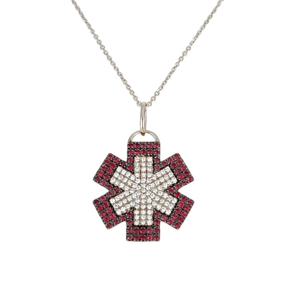 White Gold Medical Alert Necklace | Diamond & Ruby Star of Life Medical ID Charm | Custom Engraved | Charmed Medical Jewelry