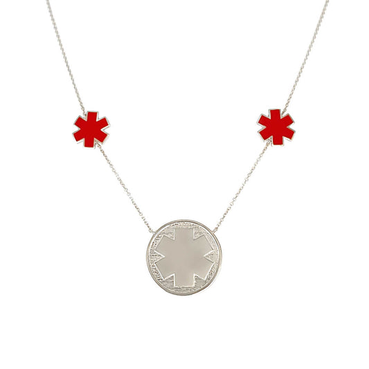 White Gold Medical Alert Necklace | Red Enamel Star of Life | Engraved Pendant ID | CHARMED Medical Jewelry