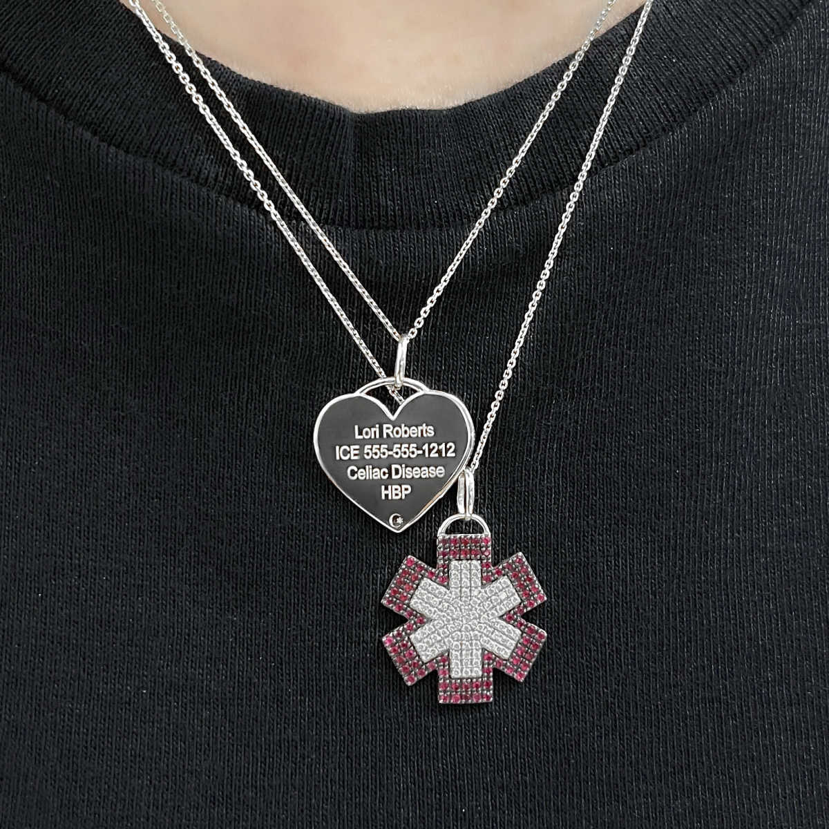 White Gold Medical Alert Necklace | Diamond & Ruby Star of Life Medical ID Charm | Custom Engraved | Charmed Medical Jewelry