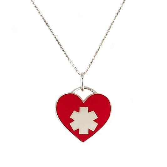 Heart Shaped Gold Medical Alert Necklace | 14k Engraved ID Pendant for women | white gold enamel | Charmed Medical Jewelry