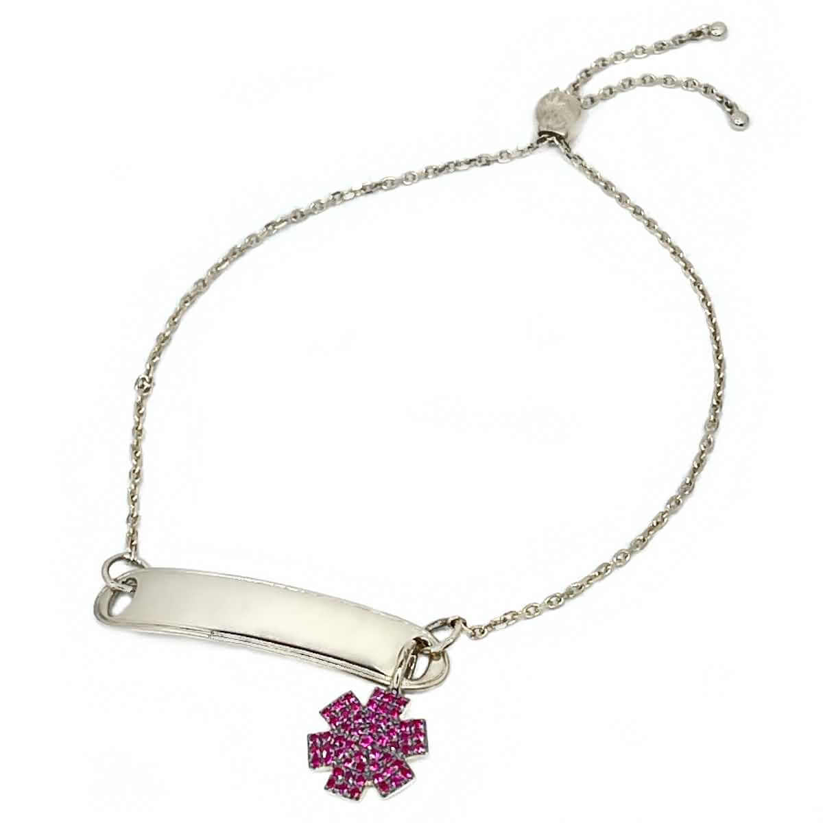 Medical ID Tag Bracelet in 14k White Gold and Ruby with Slider Clasp. Custom Engraved Medical Alert Jewelry for Women