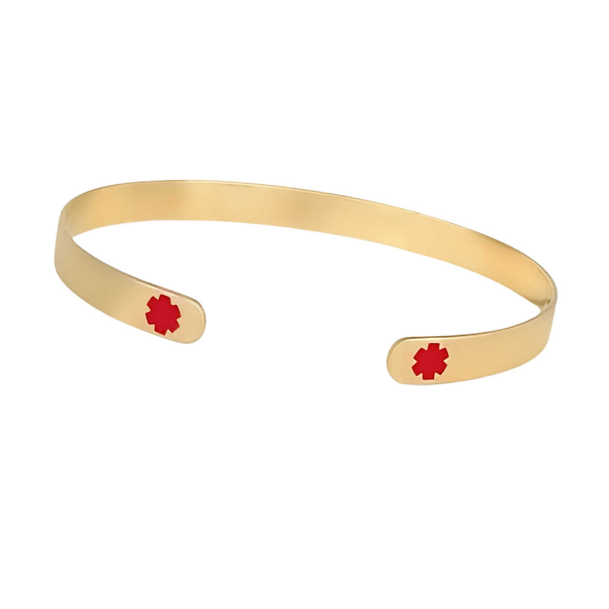 Gold Medical Alert Cuff Bracelet with Red Enamel | 14K Custom Engraved Medical ID | CHARMED Medical Jewelry