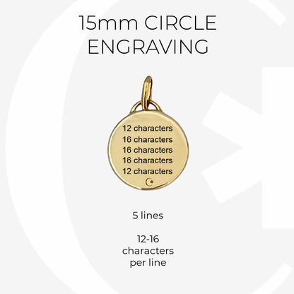 Gold medical ID circle charm infographic, custom engraving specs for 15mm medical alert  bracelet or necklace