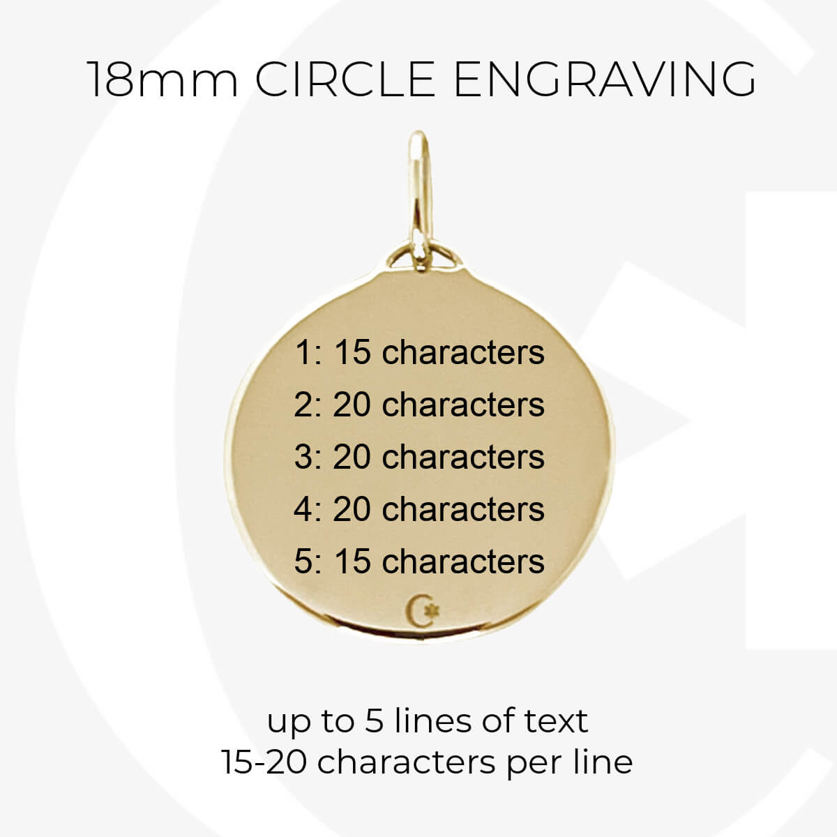 Gold medical ID charm infographic, custom engraving specs for 18mm medical alert