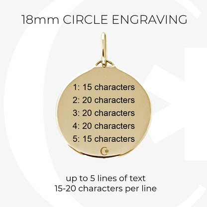 Gold medical ID charm infographic, custom engraving specs for 18mm medical alert